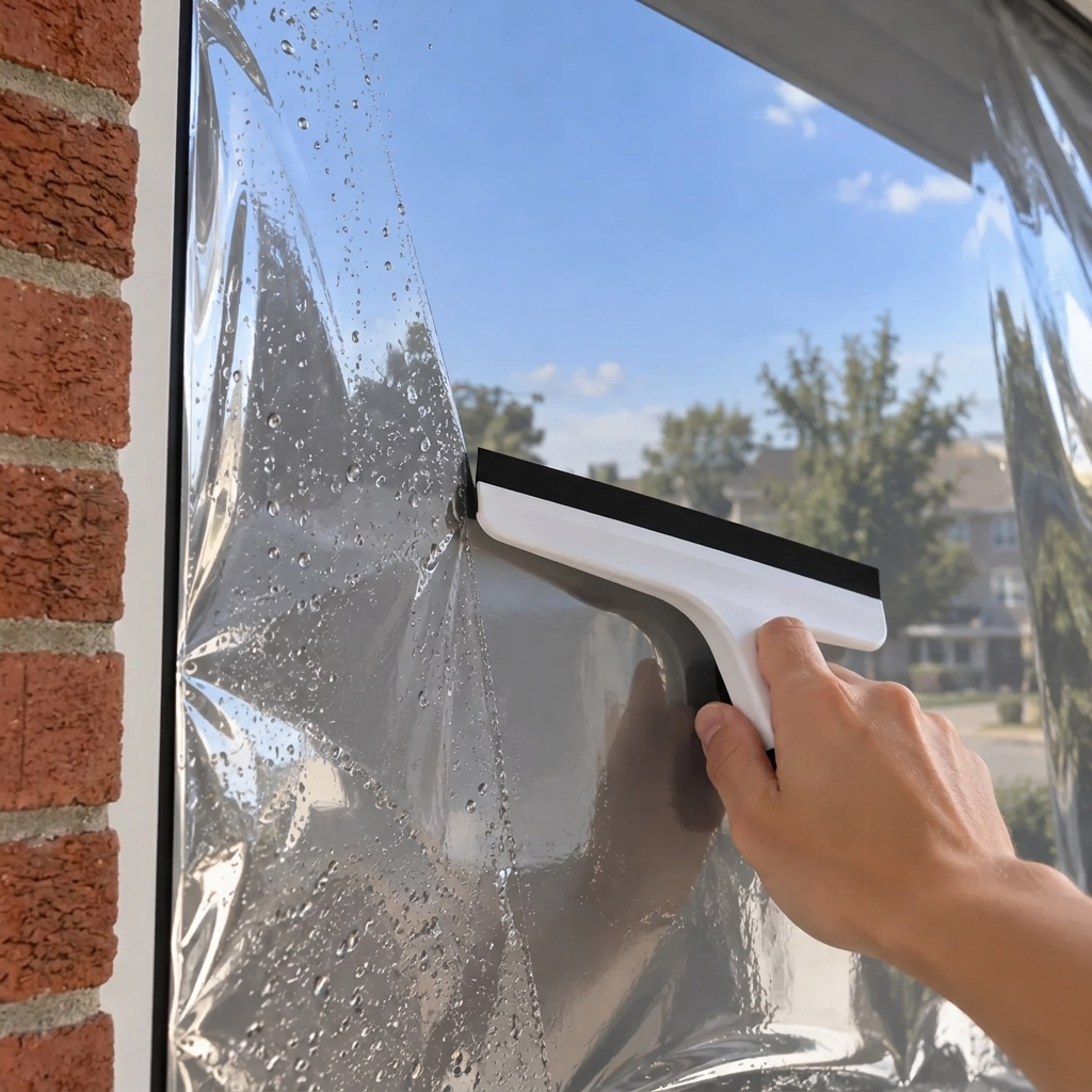 A squeegee smoothing privacy film onto glass